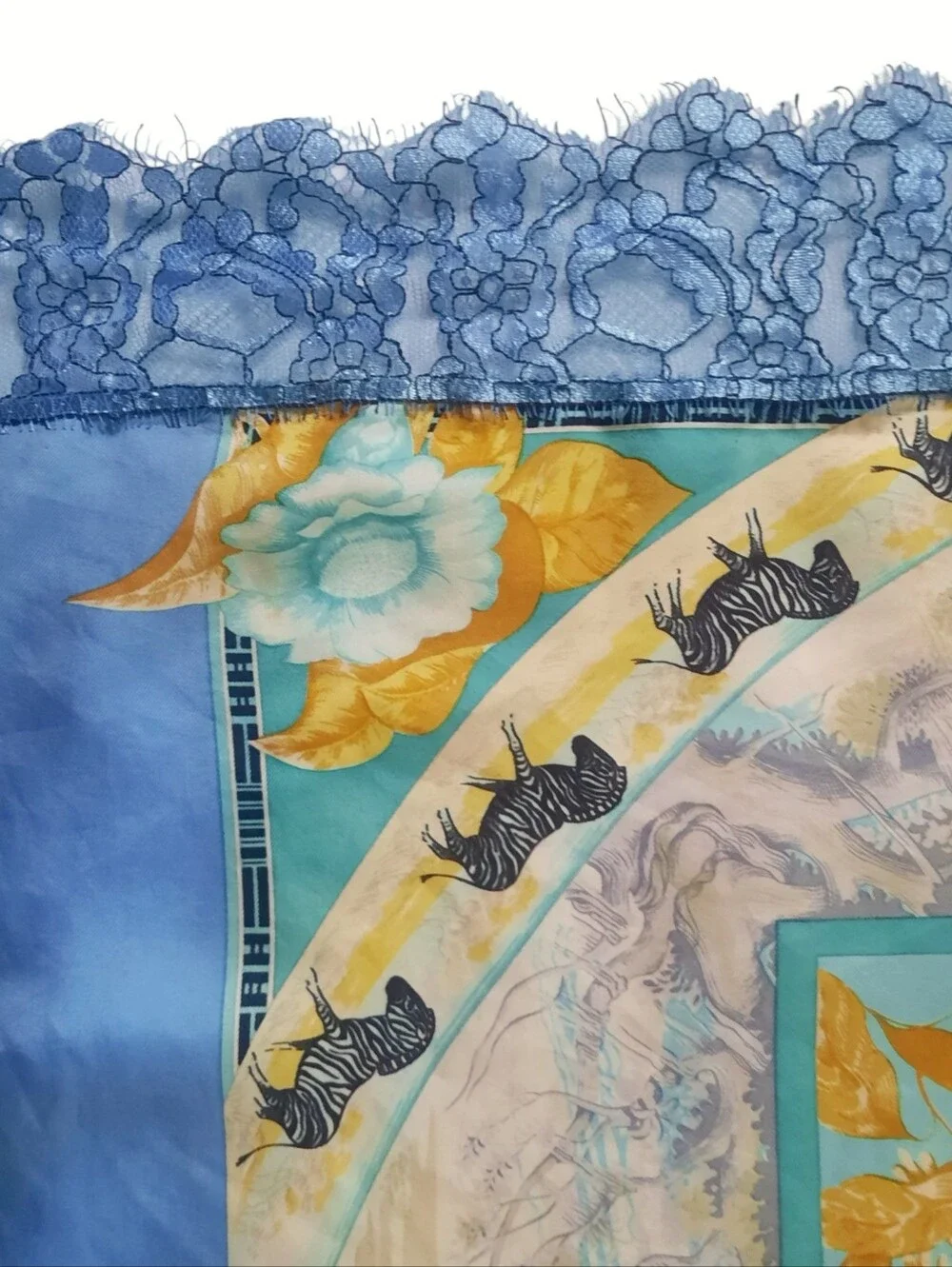 Vintage HERMÈS Tropiques Silk Twill Scarf 90cm Blue/Multi (Altered/Trim Added) - Picture 14 of 16